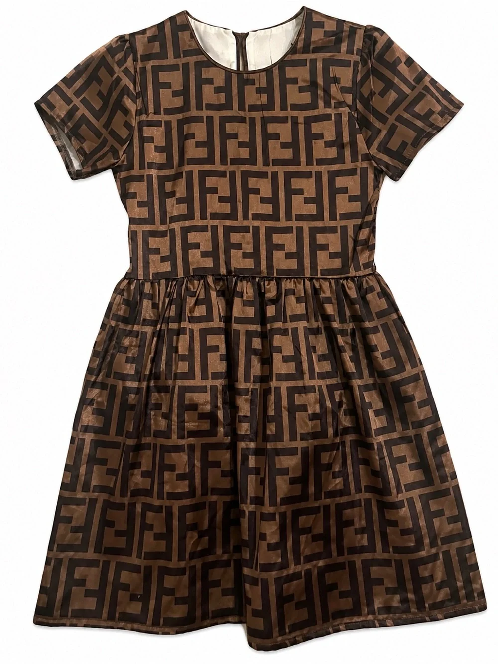 Fendi Brown and Dark Brown Logo Print Short Sleeve Girls Dress